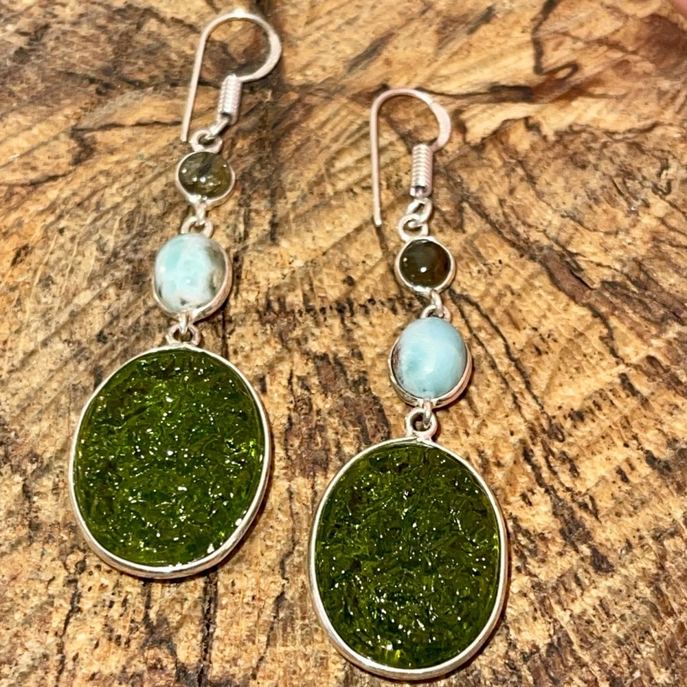 Labradorite & Caribbean Larimar Earrings 2 1/2” - Picture 7 of 10